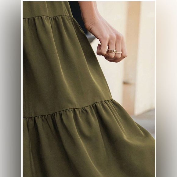 Army Green Boho Tiered Ruched Skirt - Picture 7 of 10